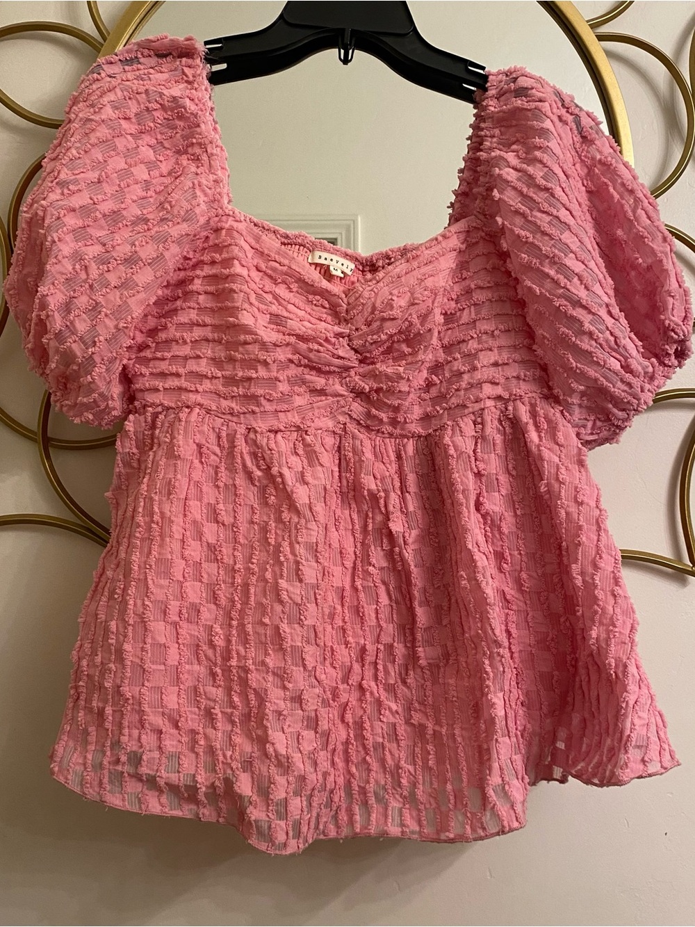 Baevely Pink textured chenille puff-sleeve babydoll top SzM Cottage Feminine